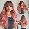 28 Inch Brown Gradient Pink Ombre  Long Curly Hair With Bangs Elegant and Fashionable Synthetic Wig For Ladies