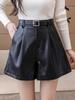 High-Waist Black PU Leather A-Line Boot Pants for Autumn/Winter 2024: Women's Casual Shorts with Loose Fit