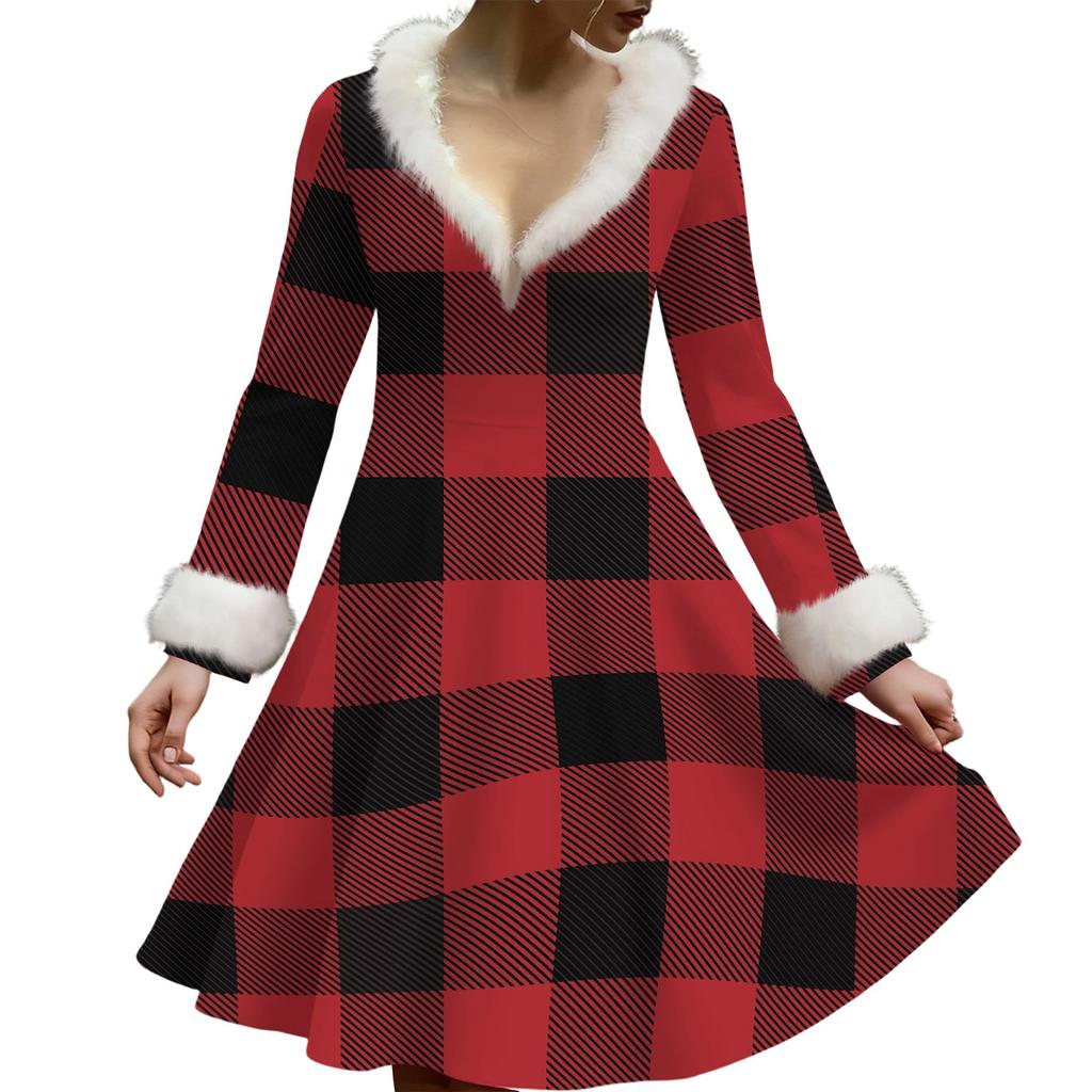 Женское повседневное платье с V-образным вырезом, рождественским принтом, плюшевыми длинными рукавами