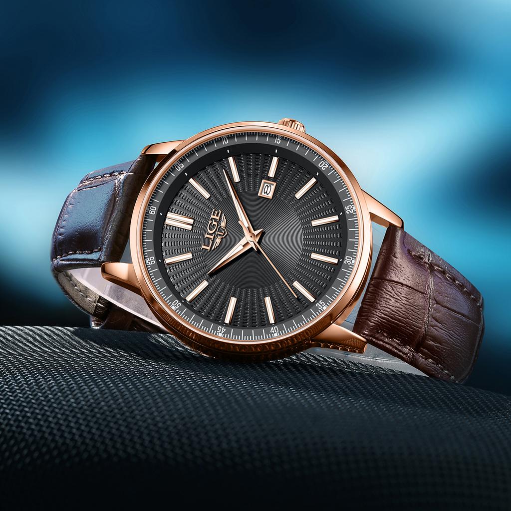 LIGE Top Brand Luxury Men's Watches Business Leather Quartz Wristwatch Waterproof Luminous Auto Date Watch for Man Gift Box