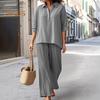 Women's Cotton Linen 2 Piece Set Casual Lapel V Neck Short Sleeve Top Wide Leg Pants Set Summer Loose Lounge Outfits