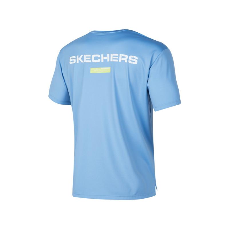 Skechers Мужская футболка с круглым вырезом, универсальная, с коротким рукавом, дышащая, с принтом-буквой, цвет Temptation-Blue P224M012-00MU