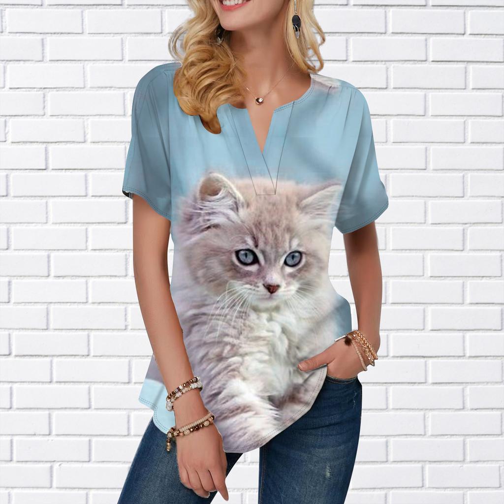 Женская летняя футболка с принтом Fat Cat, футболки с короткими рукавами, повседневные топы с принтом, маленький v-образный вырез с короткими рукавами