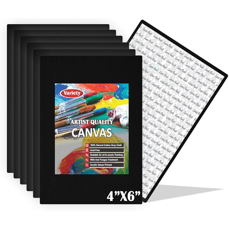 Холст VARIETY 4 x 6 дюймов, хлопчатобумажная холстовая доска для рисования, 7 унций, загрунтованный, набор из 6 штук - Черный