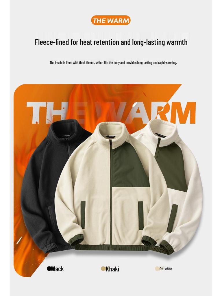 Мужская утепленная флисовая куртка с цветными блоками и воротником-стойкой, осенне-зимний повседневный спортивный топ