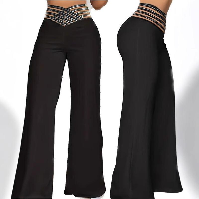 Женские однотонные модные брюки с полым железным креплением и средней талией для отдыха с широкими штанинами