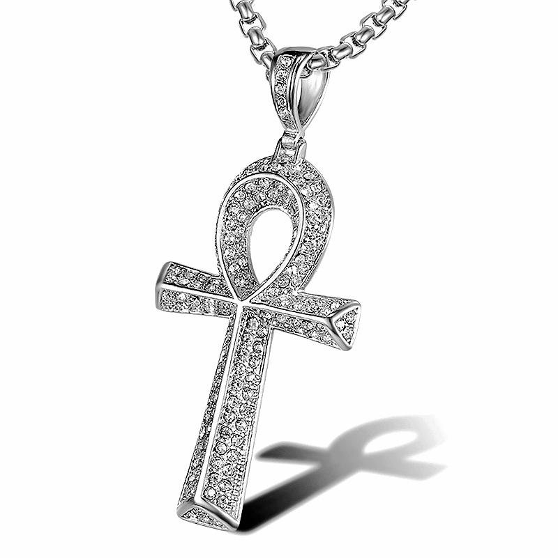 Gold Silver Color Micro Cubic Zirconia Anka Egyptian T Shaped Cross Pendant Fashion Iced Out Bling Key of Life Necklace Jewelry