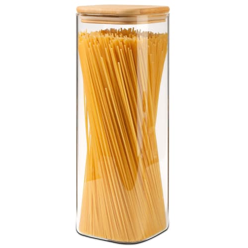 ComSaf Pasta Case, 2100ml Square Glass Canister, Airtight Pasta Storage Jar with Bamboo Lid, for Flour, Grains, and Coffee Beans, 1-Piece Set