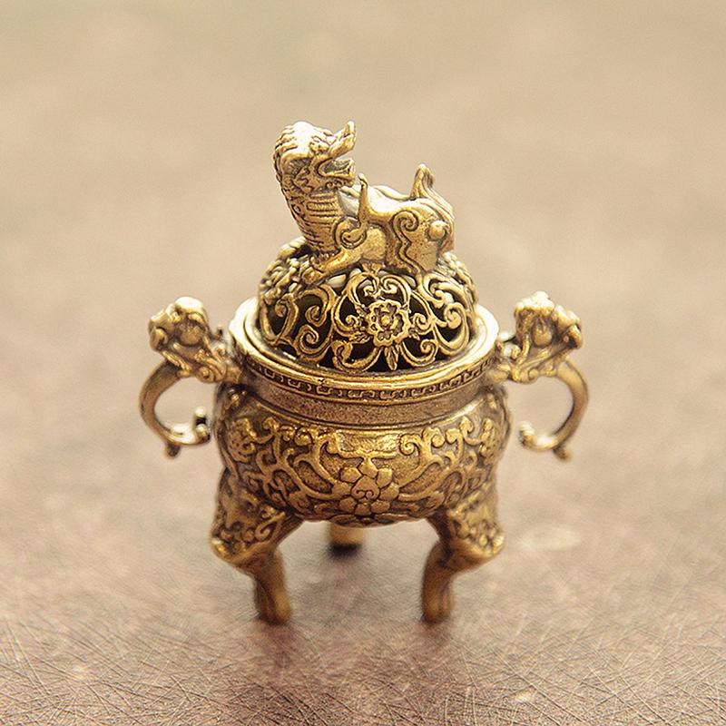 Antique Brass Three Legs Qilin Head Chinese Ancient Beast Censer Solid Copper