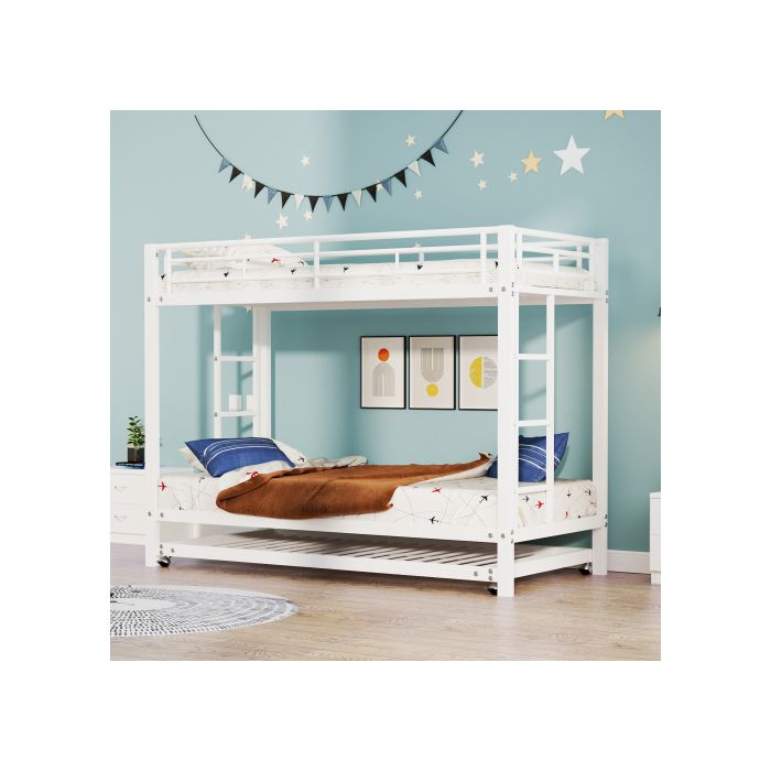 Lit superposé 90*200 cm, barrières hautes, certifié EN747, construction robuste, couleur blanche