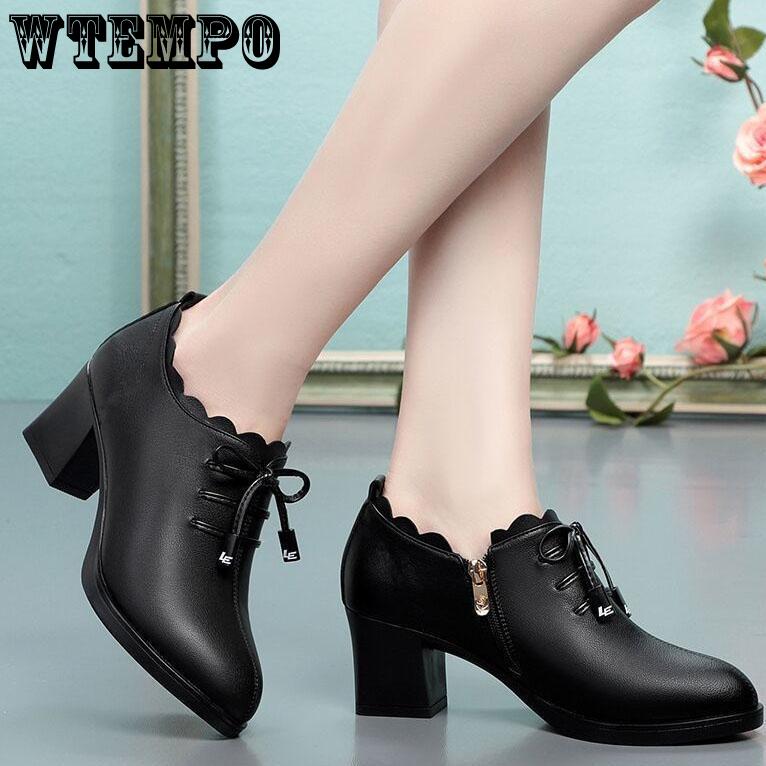 WTEMPO Женские мягкие подошвы на толстом среднем каблуке, нескользящие, черные, повседневные, из ПУ, теплые, плюшевые туфли, осень-зима, мягкие, из искусственной кожи