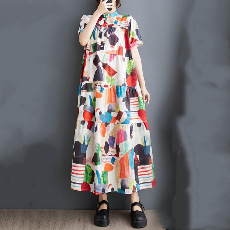 Новое винтажное платье с цветочным принтом больших размеров с коротким рукавом для женщин, повседневное свободное длинное летнее платье