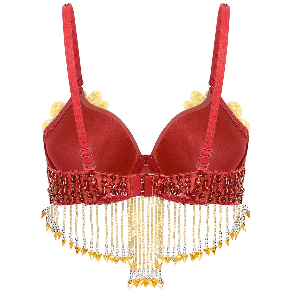 Womens Sparkly Sequins Belly Dance Top Adjustable Straps Plastic Beaded Tassels Underwired Bra
