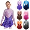 Kids Girls Figure Skating Dance Dress Ballet Leotard Dancewear Mock Neck Long Sleeve Color Block Sheer Mesh Rhinestones Dress