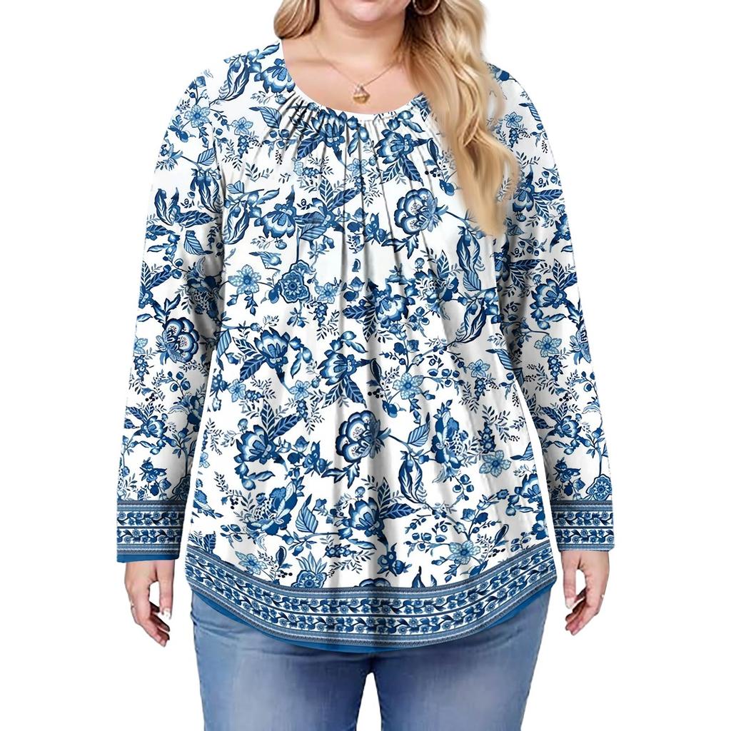 Women's Plus Size Fashion Printed Casual Pleated Round Neck Long Sleeve Top