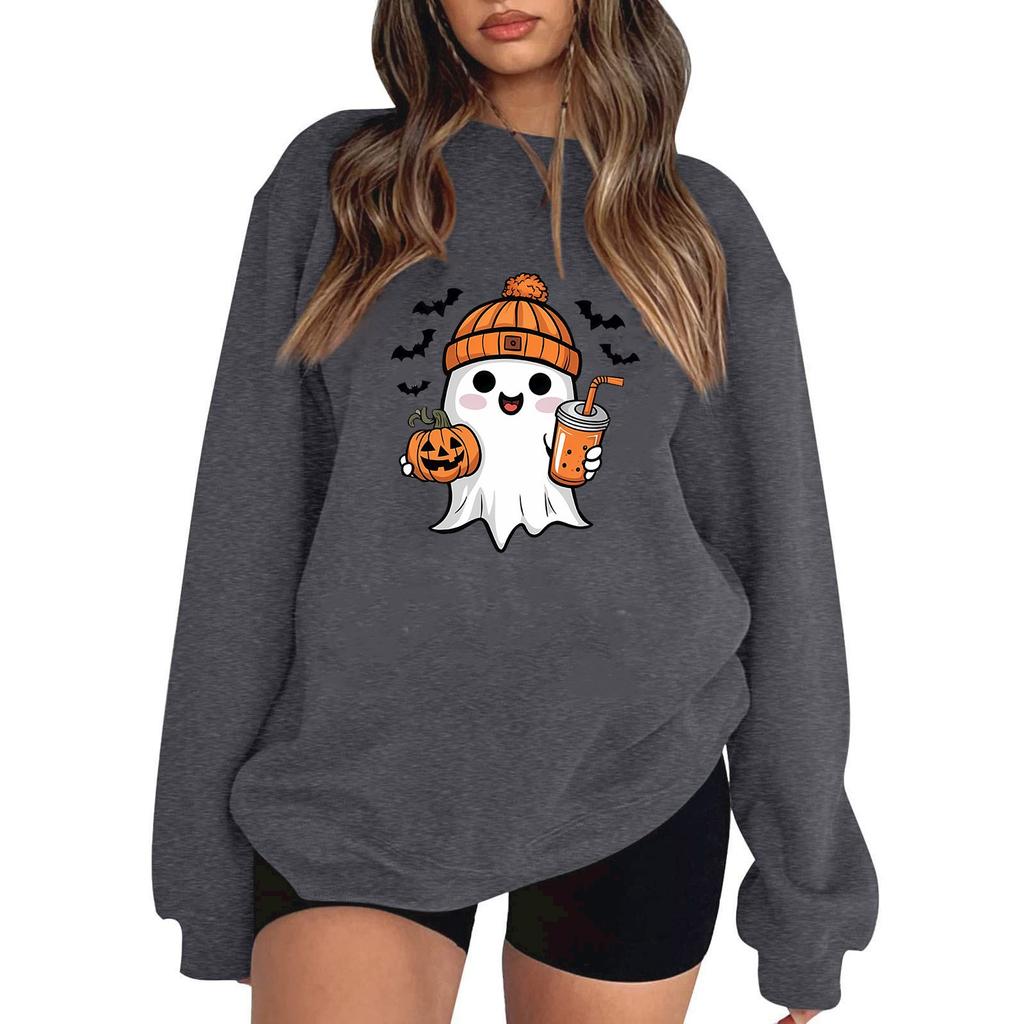 Женский пуловер с принтом Хэллоуина, круглый вырез, заниженная линия плеча, блузка с длинными рукавами