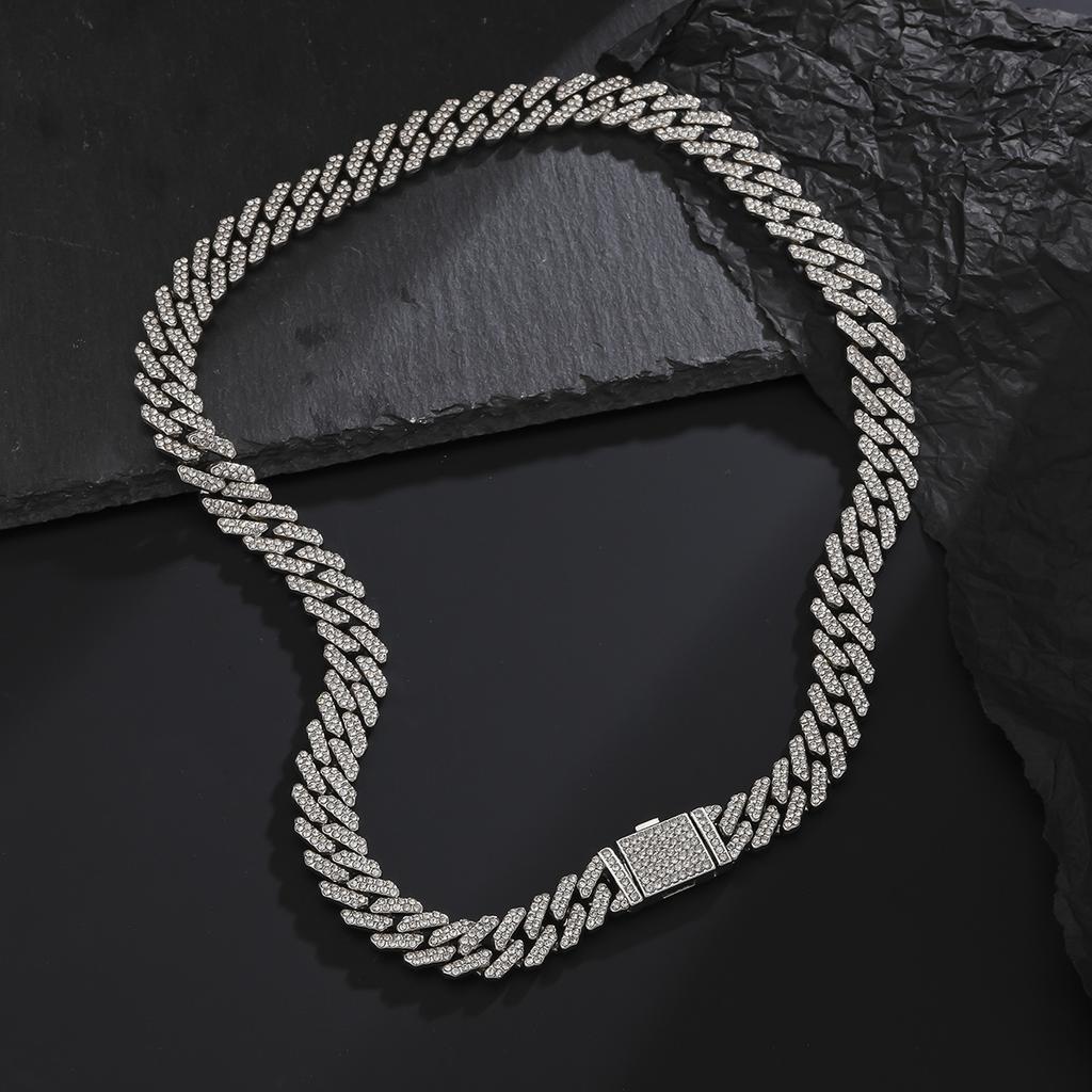 ZAKOL Hip Hop Letter Pendant Necklace for Women Men Shiny Rhinestones 13MM Cuban Chain Necklaces Fashion Jewelry Gifts
