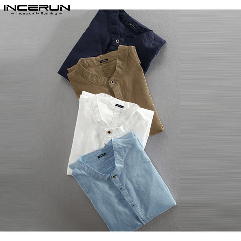 INCERUN Весенние винтажные мужские хлопковые однотонные рубашки с длинными рукавами, топы