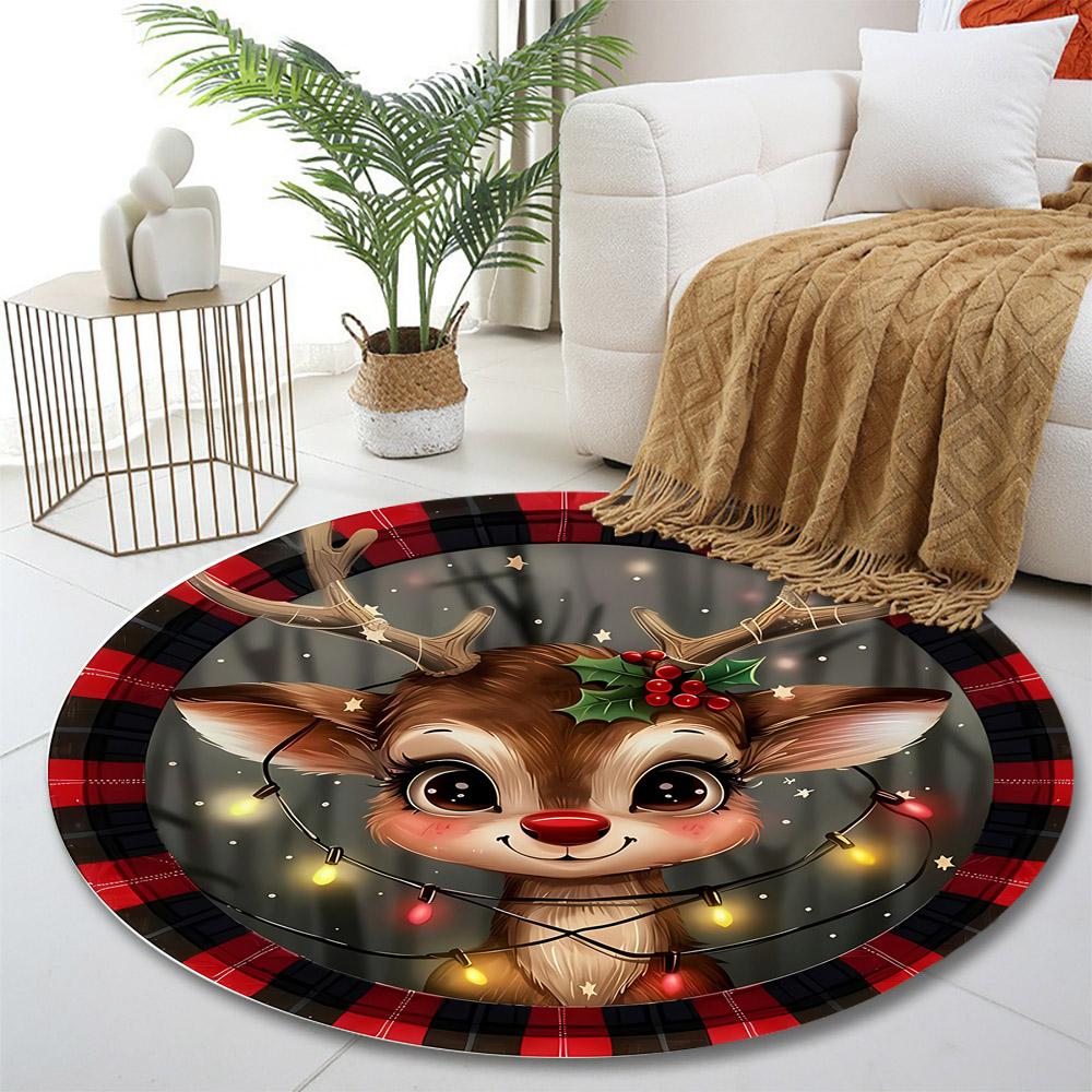 Cute Reindeer with Festive Lights Print round rug, living room, bedroom, playroom carpet, non slip floor mat, gift