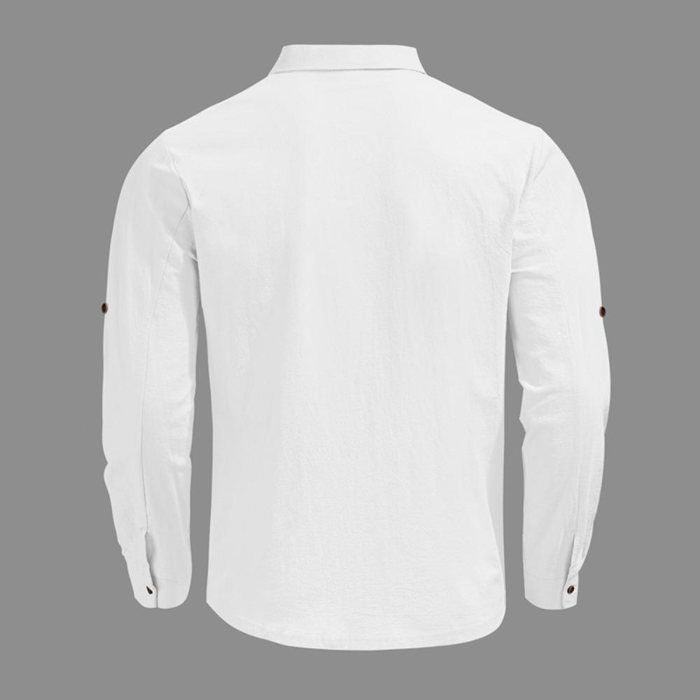 Soft and Comfortable Men's Collar Pocket Solid Color Button Up Cardigan Long Sleeved Linen Top Suitable for Daily Leisure