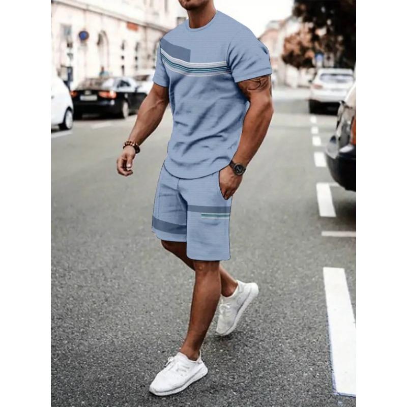 2025 Urban Street Trend Men's Suit Summer Casual Short Sleeve Shorts 2 Pieces Unique Geometric Print Outdoor Casual