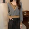 Поддельная рубашка из двух частей с V-образным вырезом контрастного цвета, трикотажная нижняя часть, весеннее и осеннее пальто с узким свитером для невысоких женщин, короткий топ
