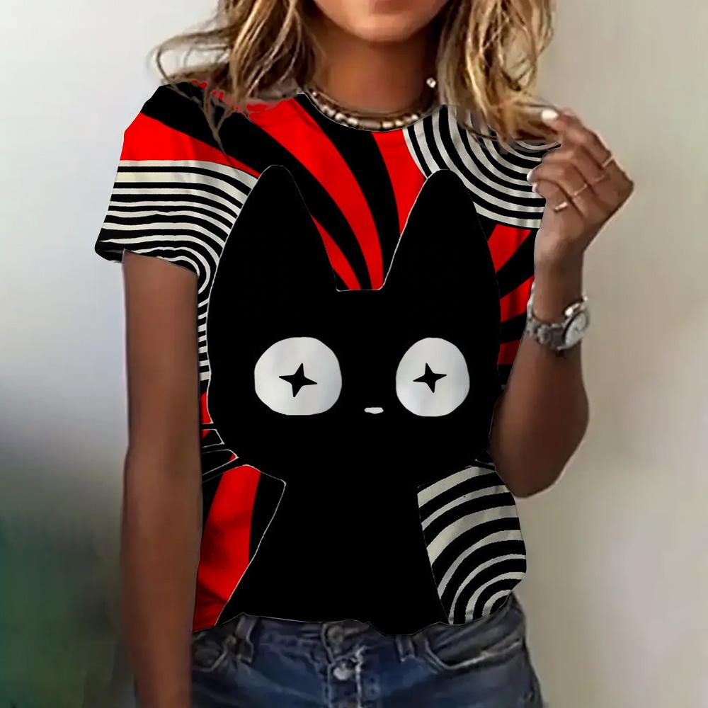 Женская футболка, летняя, с круглым вырезом, коротким рукавом, с рисунком кошки, топ, костюм на Хэллоуин, модная, свободная, с коротким рукавом, женская футболка 2024