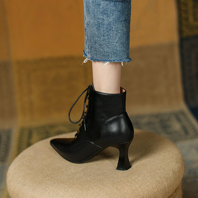 Vintage Mature Women Ankle Boots Pointed Toe High-heeled Lace-Up Genuine Leather Shoes Woman 2024 New Autumn Winter Office Dress