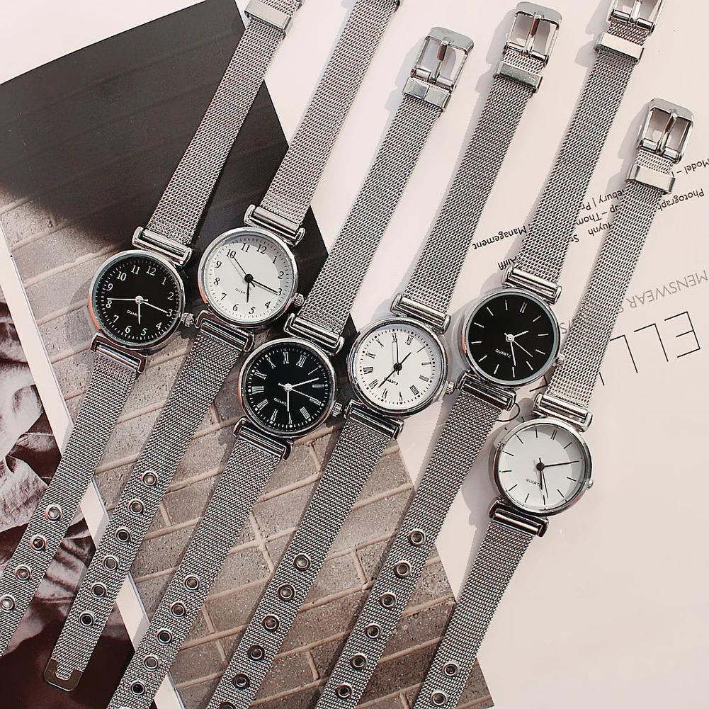 Digital Compact Small Dial Sliver Quartz Wristwatch Korean Simplicity Style Women Student Stainless Steel Mesh Strap Watch