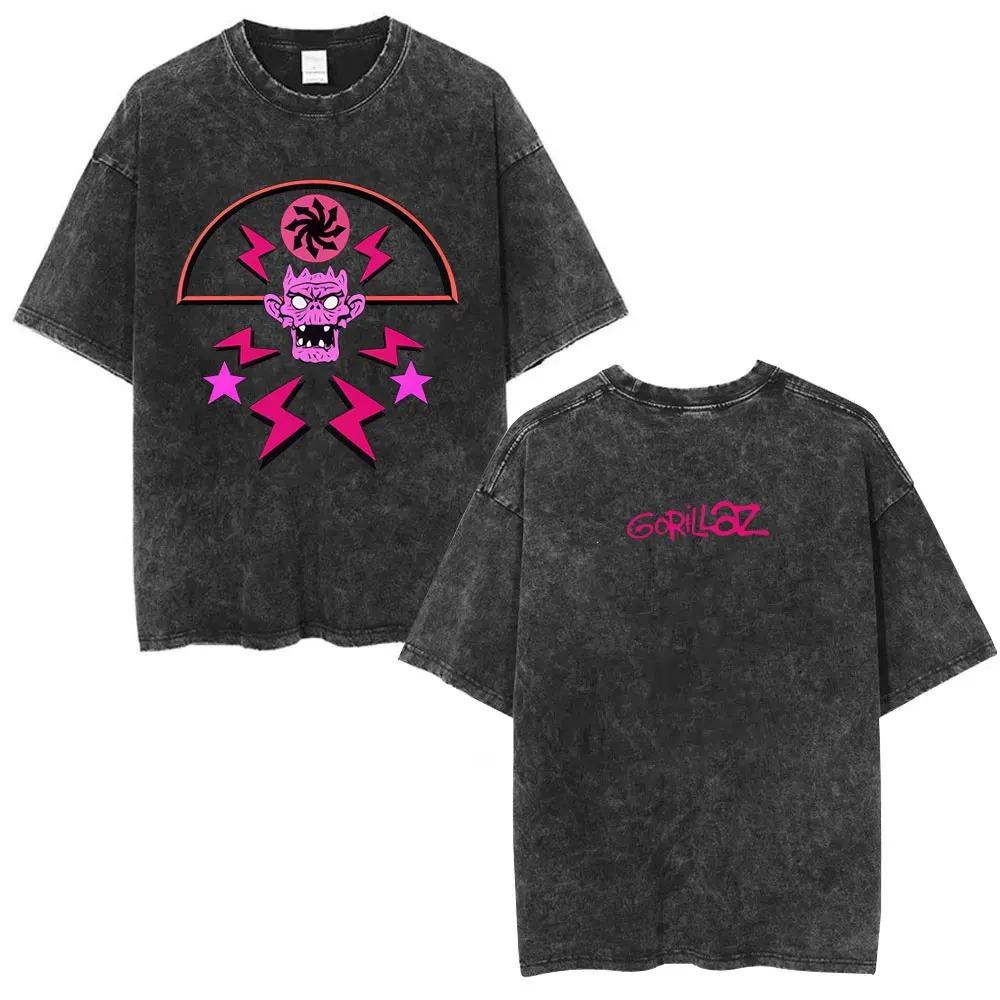 British Classic Virtual Band Gorillaz Poster Tshirt Men Women Streetwear Hip Hop Vintage Washed Cotton Top Oversized Summer Tee