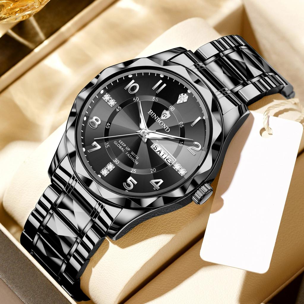 BINBOND Luxury Men Quartz Watch Waterproof Date Week Luminous Wristwatch Stainless Steel Men's Watches Male Clock