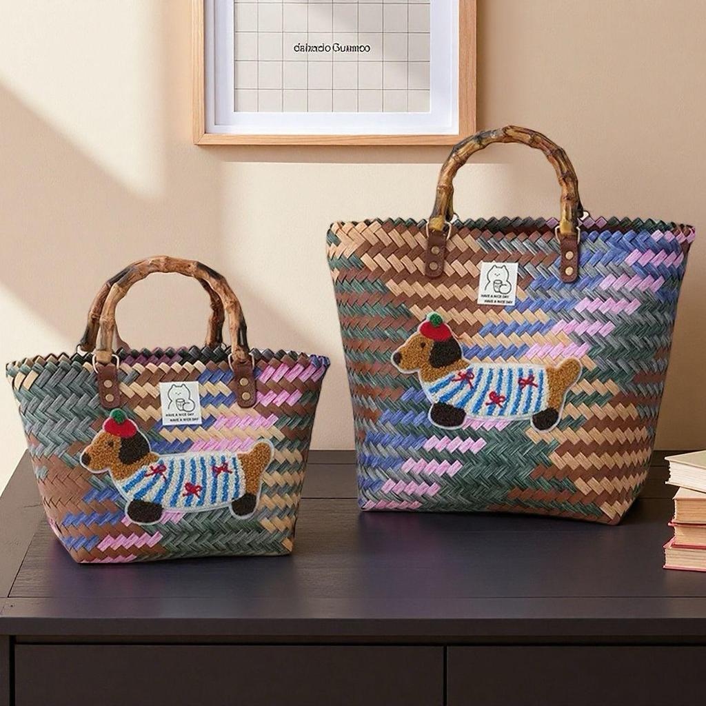 Плетеная сумка-тоут для щенка таксы с бамбуковой ручкой, винтажная пляжная сумка