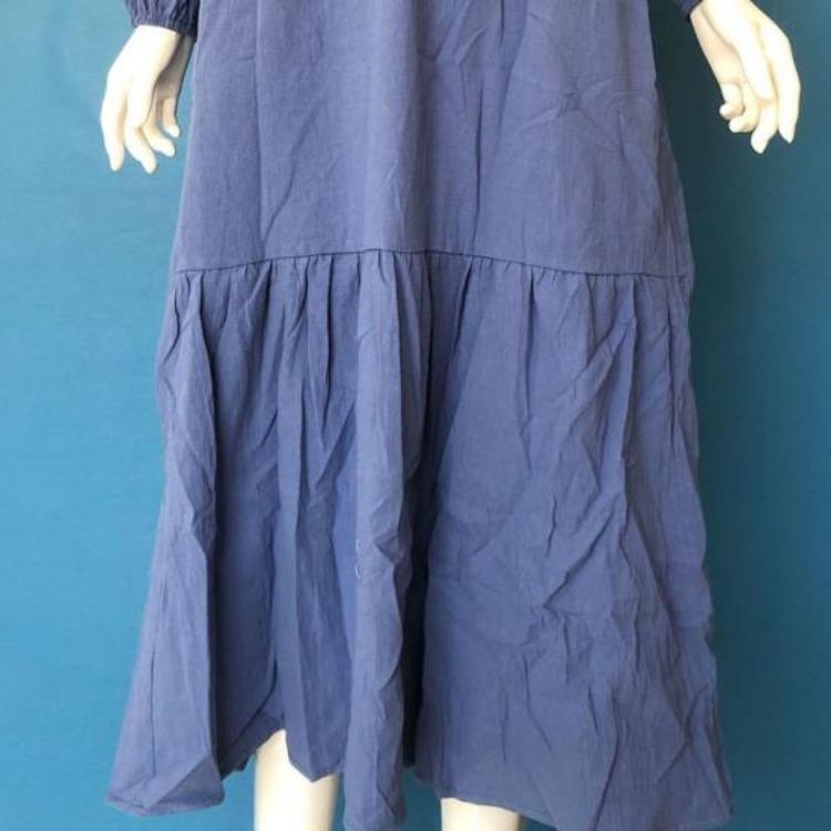 Women Long Sleeve Bohemian Cotton Linen Swing Dress Oversized V Neck Flowy Tiered Ruffle Pleated Long Dress