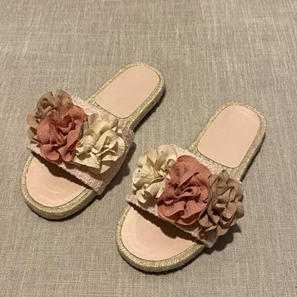 Fashion Women Flower Decoration Flat Slippers Chanese Style Braided Bottom Slip On Women Sandals Summer Soft Lightweight Femme Slides