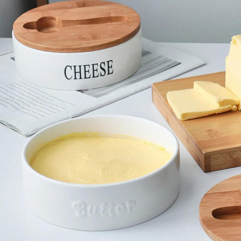 Круглая масленка большой емкости с ножом, масленка в скандинавском стиле, керамическая масленка с деревянной крышкой, герметичная влагонепроницаемая емкость для хранения масла YLE589