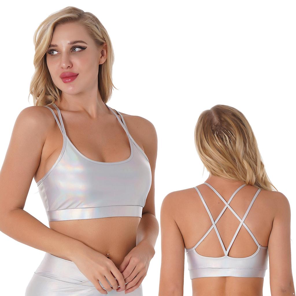 Женские блестящие металлические бретели на спине, с открытой спиной, съемные подушечки, бюстгальтеры для тренировок в тренажерном зале, йоге, жилет, топы