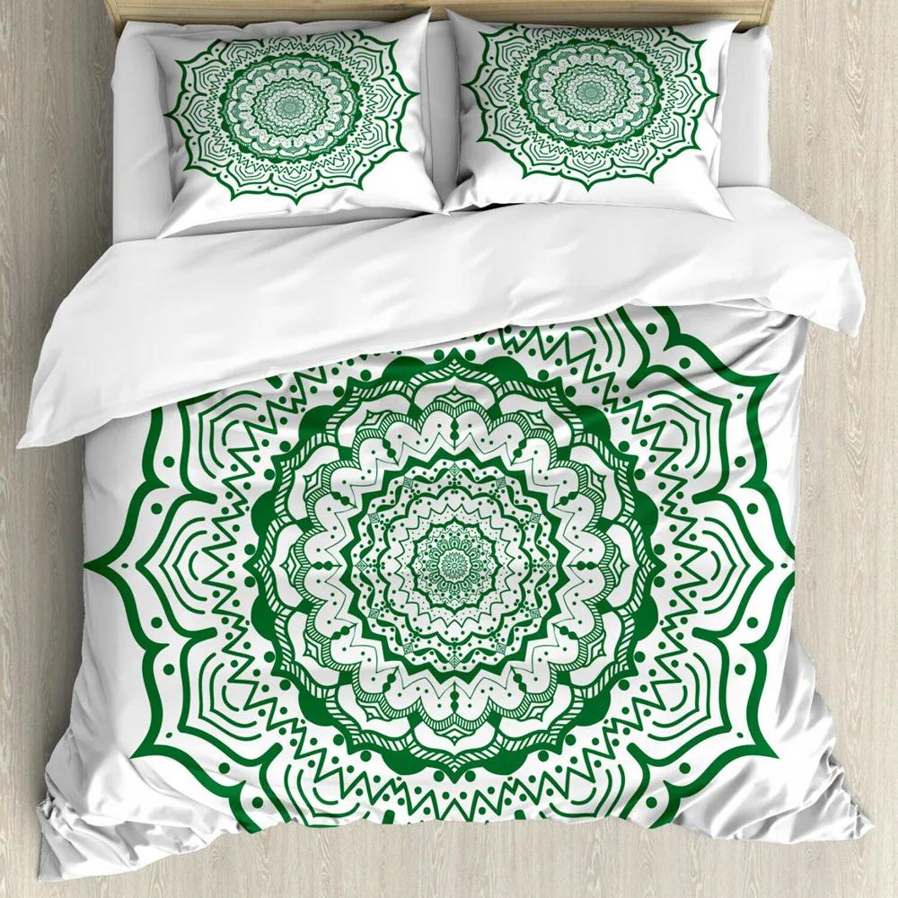 Mandala Duvet Cover Set Boho Lotus Flower Microcosm Motif Unique Retro Green Theme Double Queen King Size Polyester Qulit Cover