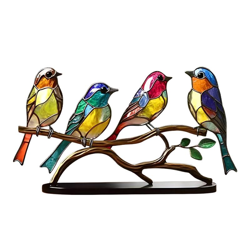 Stained Acrylic Birds On Branch Desktop Ornaments, Double Sided Multicolor Style Birds Craft Statue Desktop Ornaments