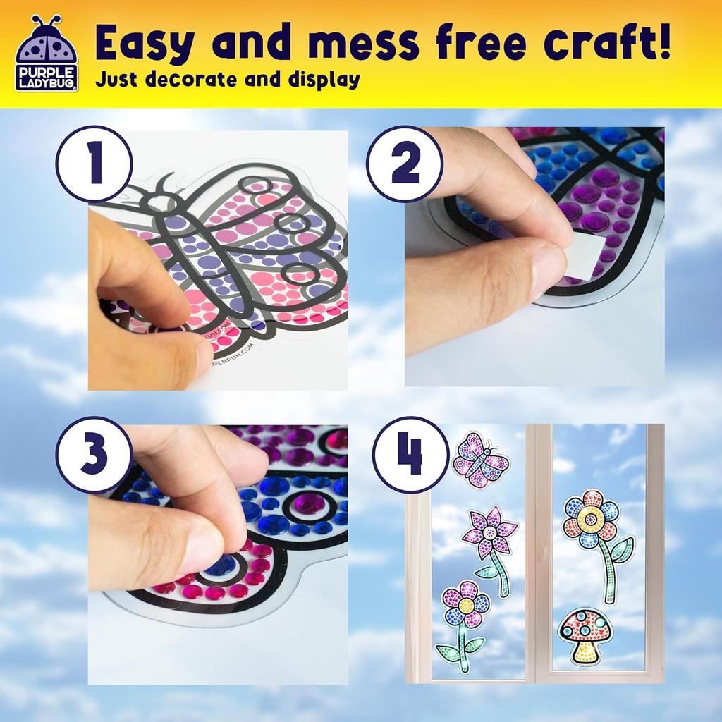PURPLE LADYBUG SUNGEMMERS Suncatcher Gem Art for Kids - Fun Valentines Day Crafts for Ages 6-12, Birthday Gift for Girls 6-8, 8-12, Arts & Crafts