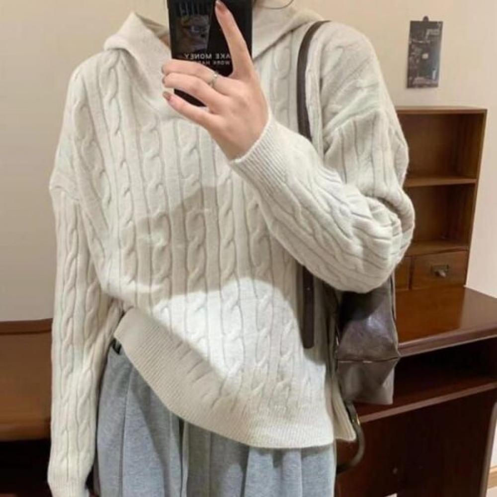 Navava Casual Cable Knit Long Sleeve Hooded Sweater Nk2419