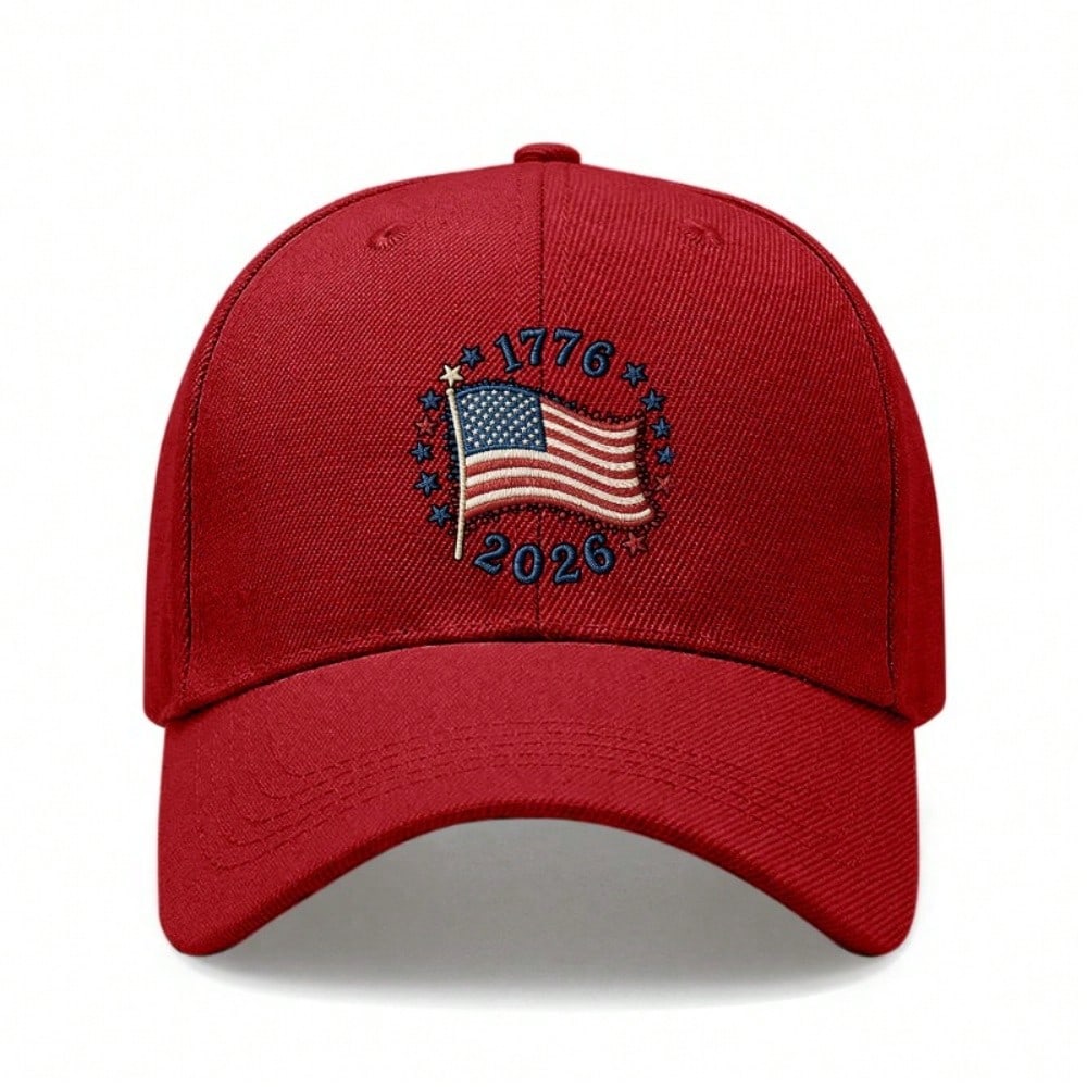 [Patriotic Baseball Cap] 2026 USA Commemorative Unisex Letter "1776" & "2026" Print Black Polyester Adjustable Lightweight Curved Brim Sun Protection