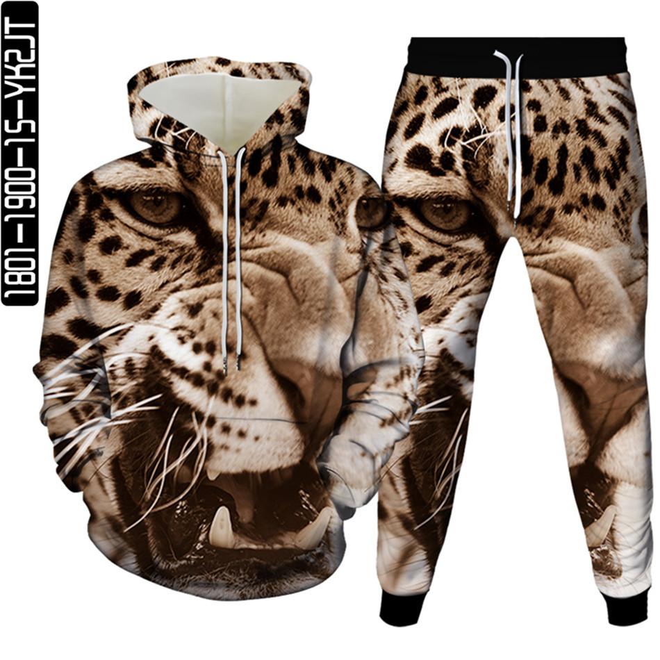 Весенне-осенний мужской спортивный костюм с 3D принтом животных и леопарда, 2 предмета, женский спортивный костюм больших размеров S-6XL, одежда с капюшоном и брюками, спортивный комплект