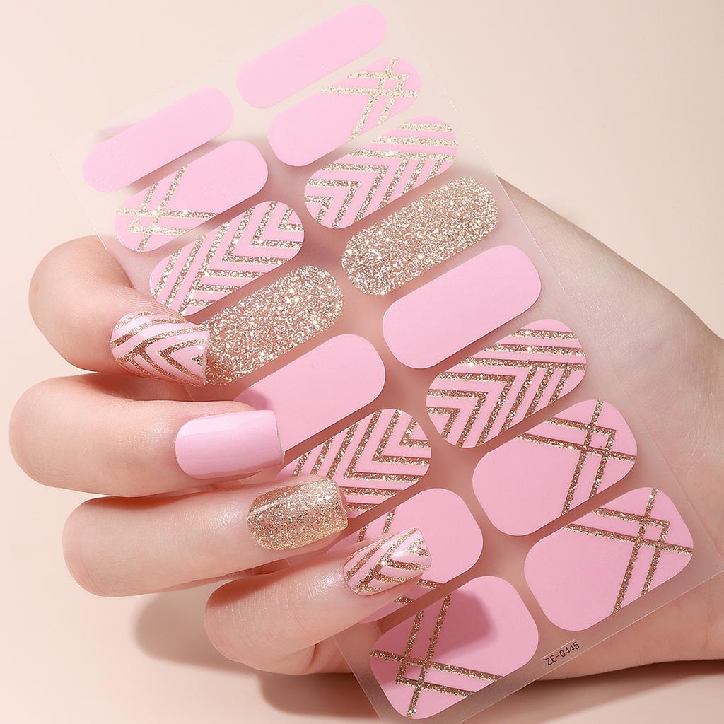 16Tips DIY Baking-Free Nail Stickers Shiny French Stripes Nail Patch Full Cover Adhesive Nail Wraps Manicures Decoration Decal