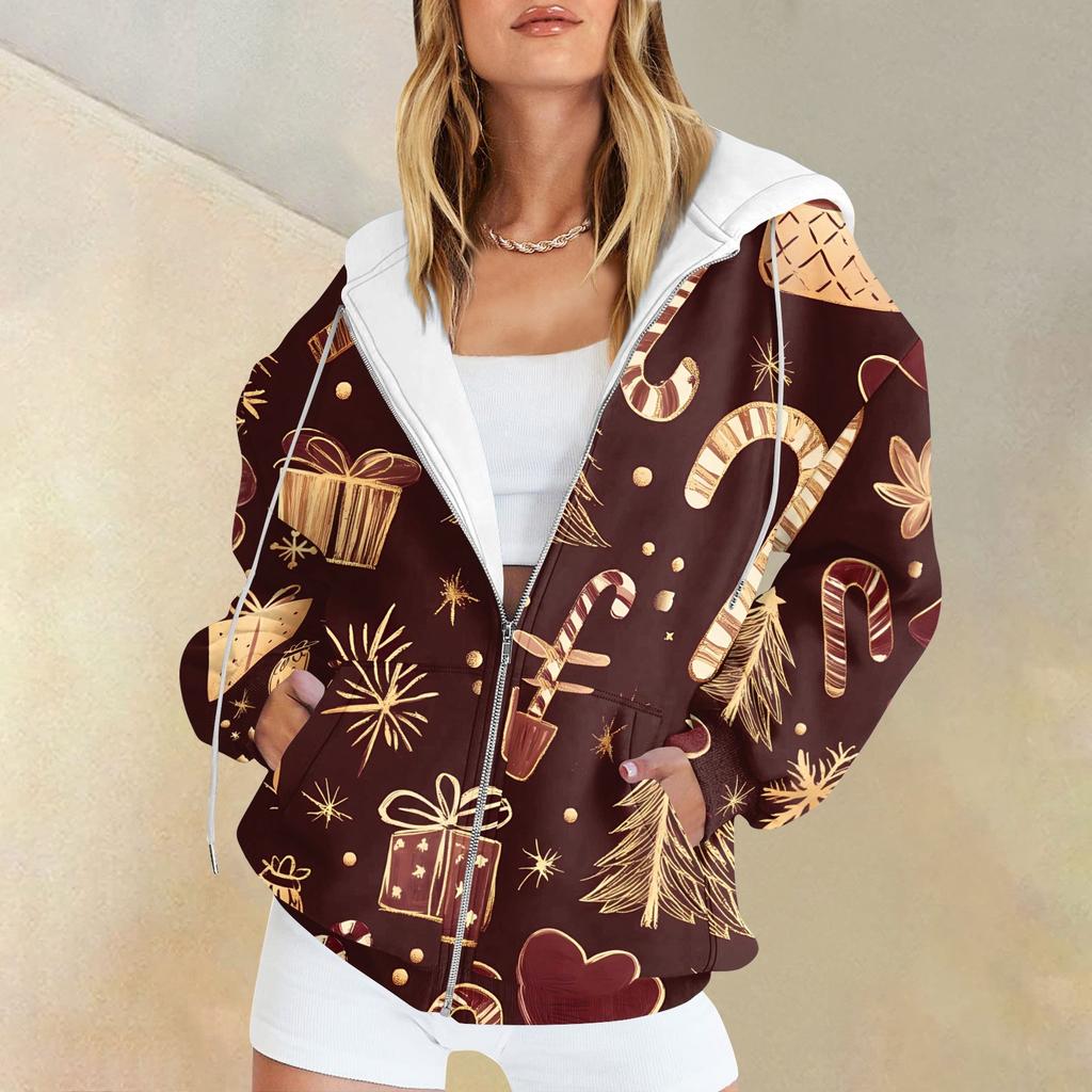 Ladies Fashion Casual Christmas Print Sweatshirt Autumn Winter Long Sleeve Cardigan Jacket With Pocket Zipper Hoodie Jacket