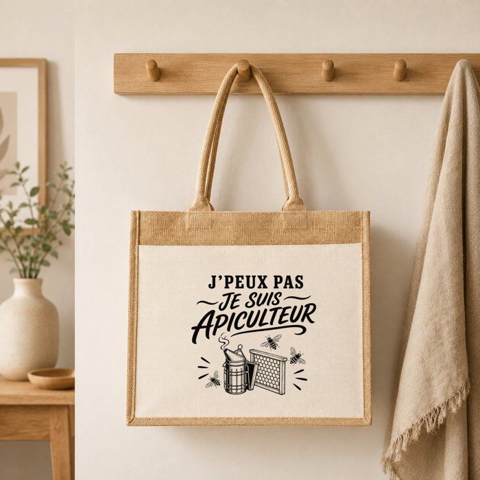 Sac Cabas Jute avec Poche J’peux pas je suis Apiculteur J'peux pas minimaliste | Toile de Jute et Coton 21 L Fond Plat Anses 65 cm
