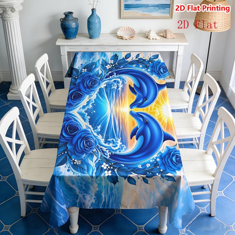 2D Flat 1pc-printed, Ocean-themed Party Tablecloth, Printed with Dolphins, Hearts, and Rose Patterns. Suitable for Picnics, Camping, Weddings, Birthda