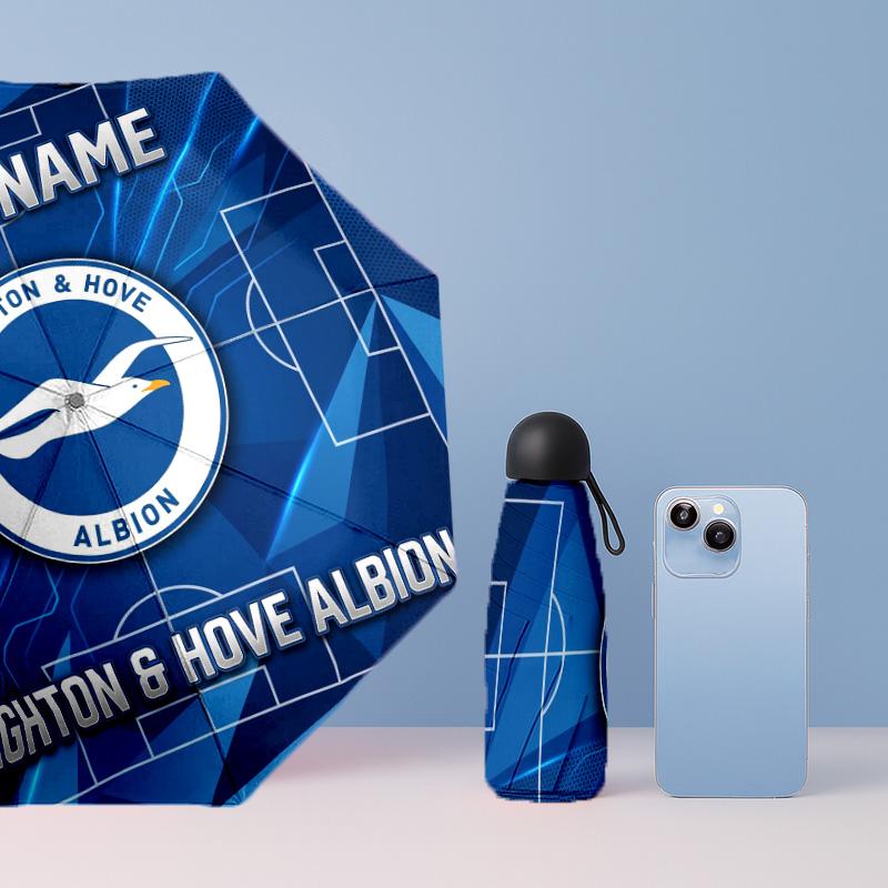 Brighton & Hove Albion Football Manual Five Fold 8 Rib Umbrella Support Custom Text, Lightweight Travel Umbrella