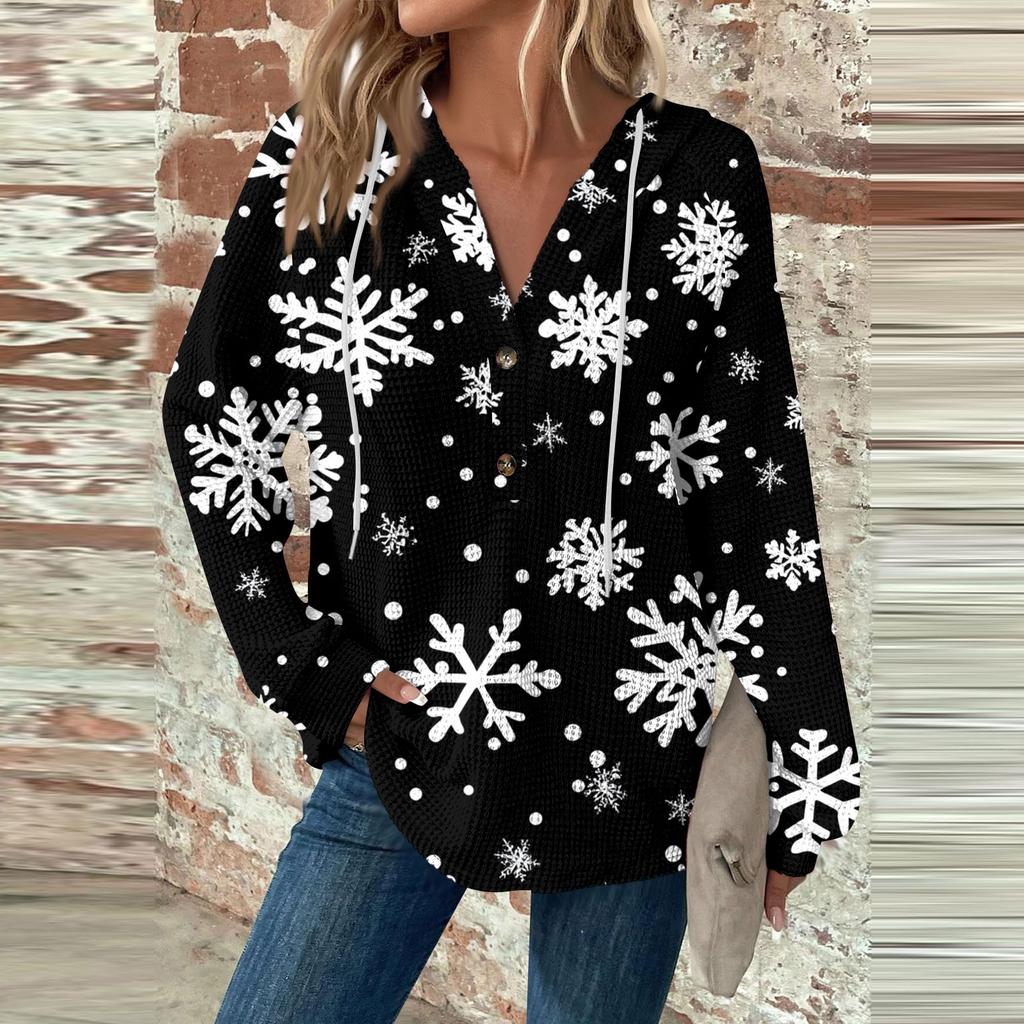 Женская мода с длинным рукавом, завязками на шнурке, капюшоном, пуговицами, V-образным вырезом, повседневная толстовка с капюшоном и рождественским принтом