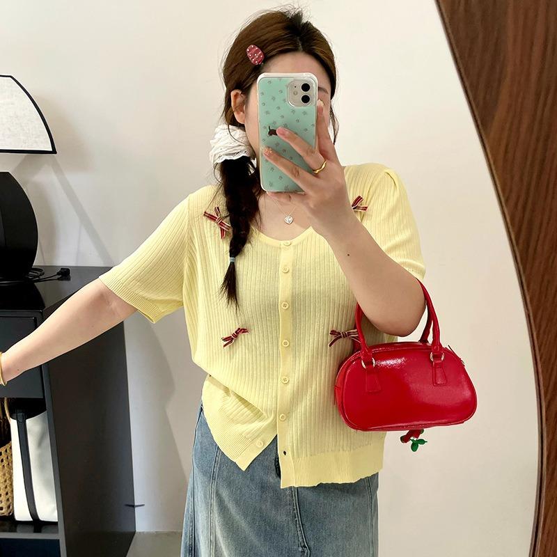 Женский кардиган с бантом большого размера, летний свободный вязаный свитер с короткими рукавами