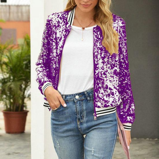 Women Jacket Shiny Sequin Long Sleeve Stand Collar Striped Loose Zipper Closure Elastic Cuff Stage Performance Emcee Coat